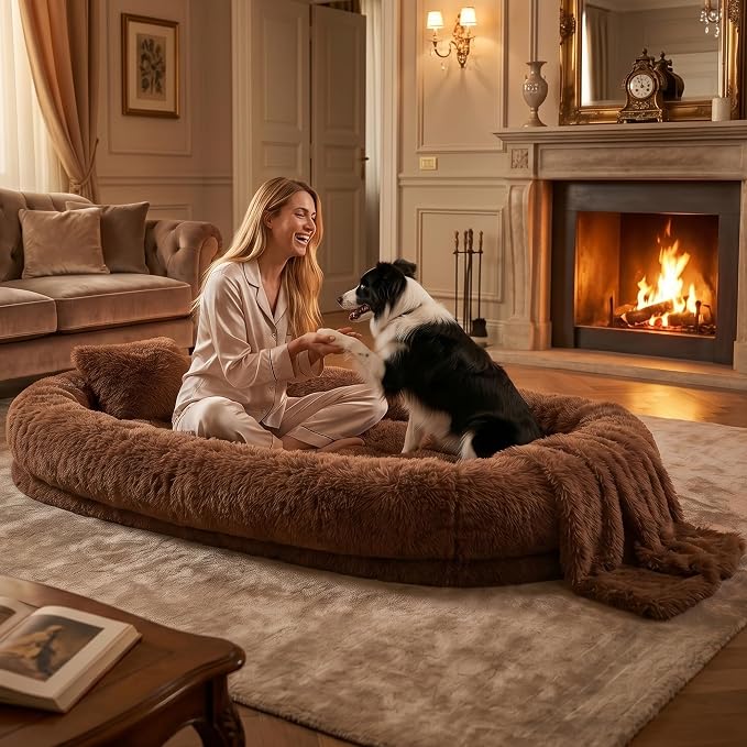 Human Dog Bed, Oversized Plush Lounger Bed with Plump Pillow and Blanket | 71" x 45" x 12" Long Plush Polyester Floor Nest for Relaxing, Napping, Reading, and Family Cuddle Time - Dark Brown