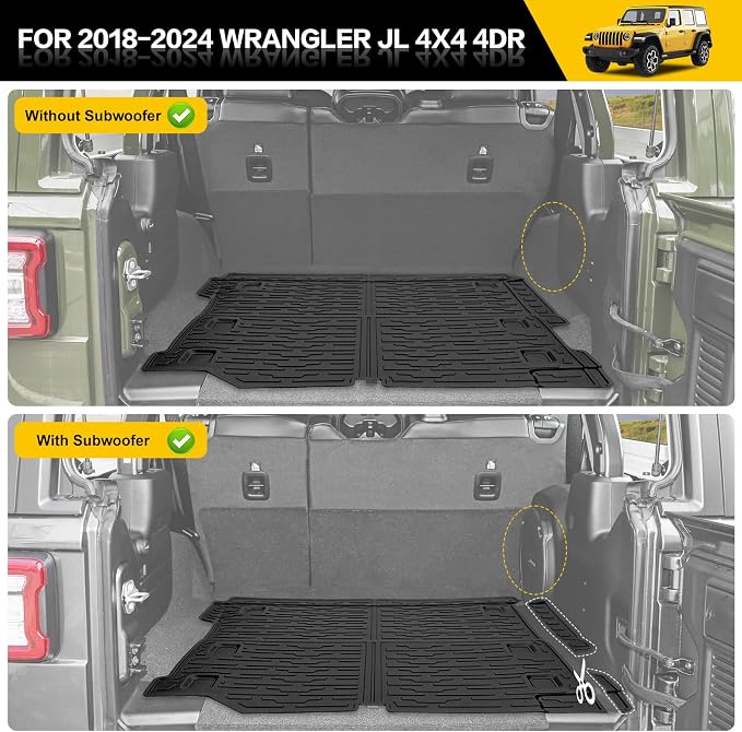 Rear Cargo Mat for 2018-2025 Jeep Wrangler JL Unlimited 4X4 Only Cargo Liners All Weather TPE Protection Anti-Slip Trunk Mat for 18-25 Wrangler JL 4X4 4 Door Accessories