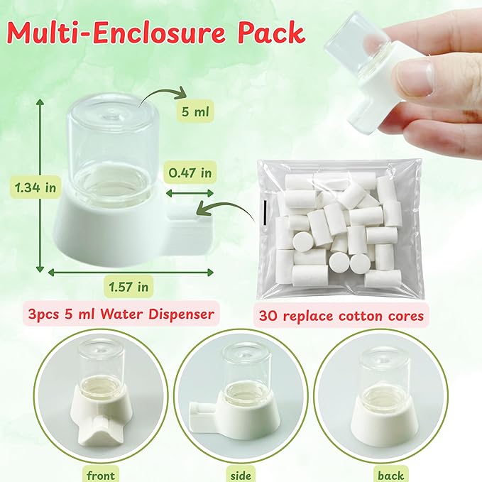 Jumping Spider Water Enclosure Accessories Kit, 3pcs Mini Water Dispenser with 30 Replace Cotton Cores Mist Bottle, Jumping Spider Habitat Decoration, Tarantula Enclosure Accessories (White, 3 PCS)