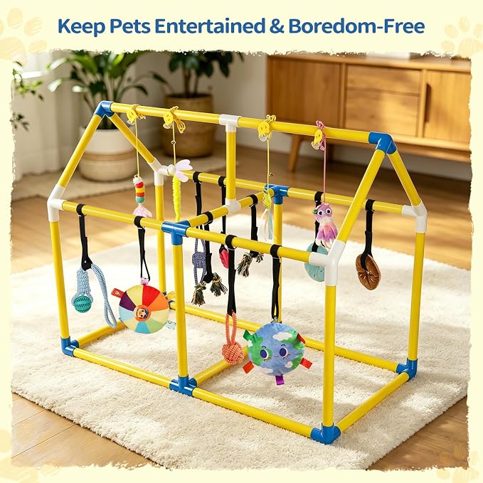 Liitrton Puppy Play Gym for Small Dogs & Kittens, Large PVC Yellow Frame | Indoor Puppy Jungle Gym with 14 Hanging Enrichment Toys, Reduce Puppy & Cats Boredom