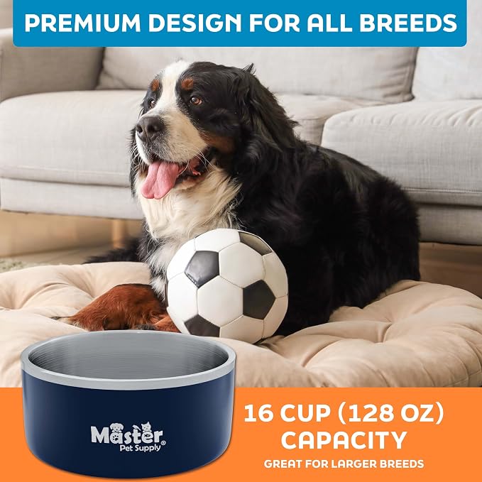 Master Pet Supply Stainless Steel Dog Bowls - 128 oz, Heavy Duty - Navy Blue, Double Wall Extra-Thick Insulated, Non-Slip Pet Water Bowl for Dogs, Cats & Pets, Anti Rust Metal, Dish Washer Safe