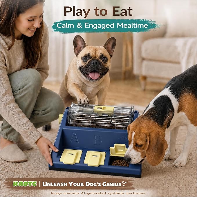 KADTC 2-Level Dog Puzzle Toy Rotating Treat Dispenser for Small/Medium Dogs | L. 4-cup capacity. Longer meals. Adjustable food flow. Burn energy. Beat boredom. Build brainpower. Meals become enrichment.