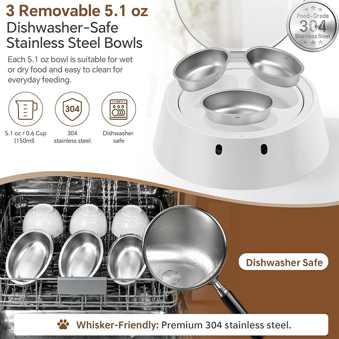 RFID Automatic Cat Feeder for Multi-Pet Households, Selective Microchip Pet Feeder with 3 Stainless Bowls (1 Public, 2 Hidden), Prevents Food Stealing, Special Diet Dispenser, Dual Power