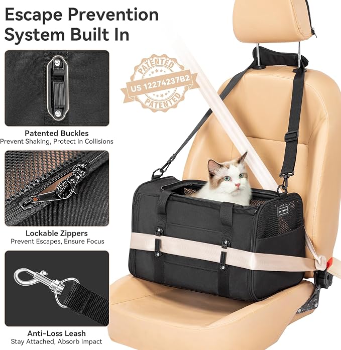 PETSFIT Large Cat Carrier with Patented Safety Buckles,Big Cats Up to 20 lb | Secure Carrier for Safe Driving, Lockable Zippers, Safety Tether, Travel Pet Carrier for Trips & Vet Visits,19 x 12 x 12