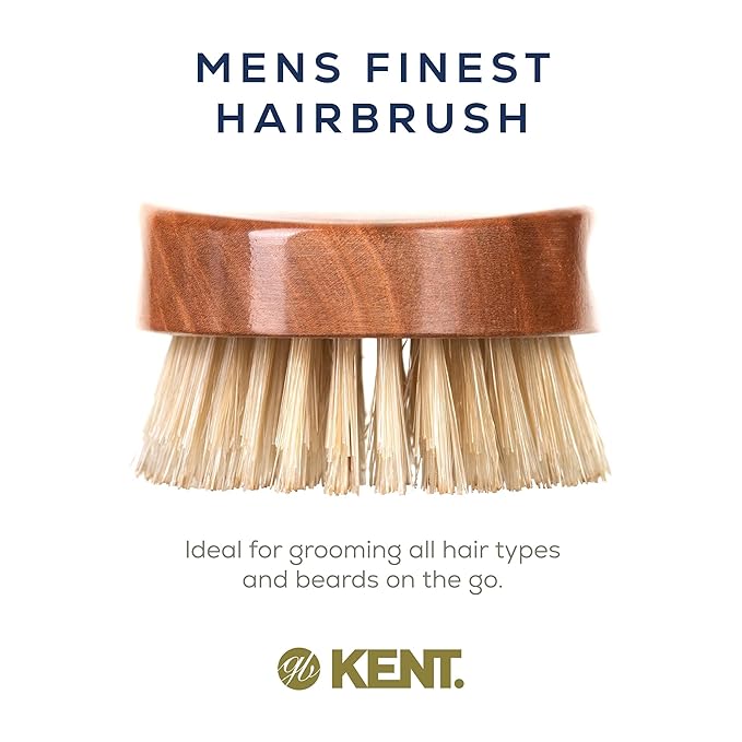 Kent MC4 Men's Hair and Beard Brush Kit: Exfoliating Natural Boar Bristle Hair Brush, Cherrywood Base with Firm Bristles for Coarse Hair Types - LPC3 Brush Cleaner - Premium Grooming Set