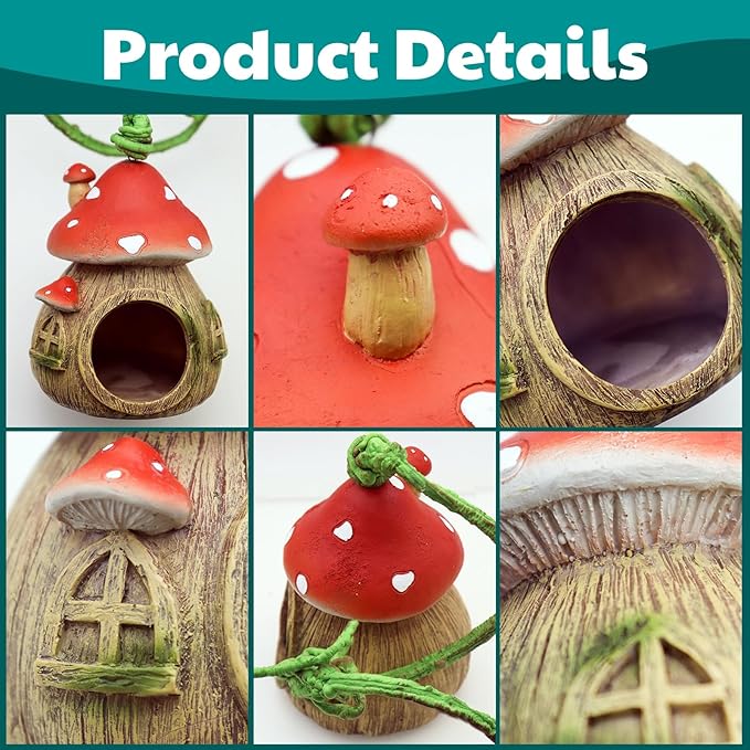 Jumping Spider Hide with Bendable Vine – Mushroom Cave for Tarantula, Gecko & Tree Frog – Reptile Terrarium Decor for Spider Enclosure & Reptile Tank (4"x4"x12")