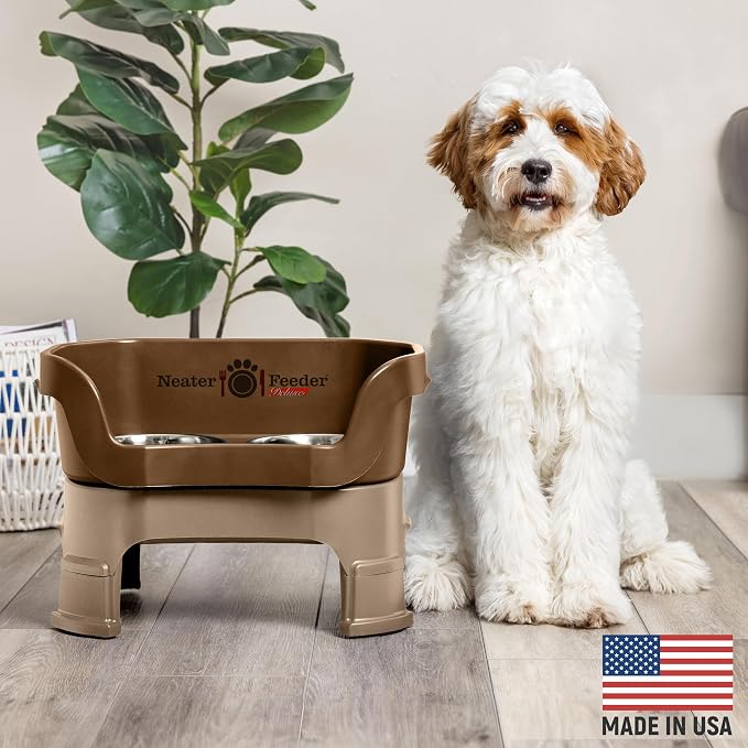Neater Feeder Deluxe Mess-Proof Elevated Dog Bowls for Medium Dogs (19–40 lbs), 2 Height Adjustable (10” & 12.5”) No-Spill Raised Dog Bowl Stand, Stainless Steel Food Bowl Set, Made in USA, Bronze