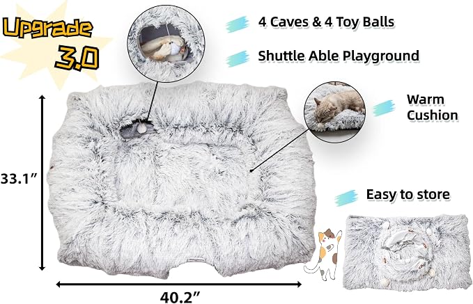 XxingSheep 4-Cave Plush XL Cat Tunnel Bed Indoor Cats Peekaboo Toy Mat Grey | Plush XL Cat Tunnel Bed, 4-Cave Peekaboo Toy, Cozy Donut Mat for All Cats
