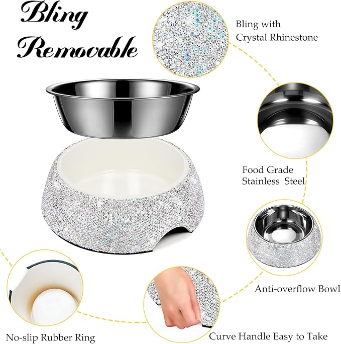 SlowVibes Bling Stainless Steel Dog Cat Bowl, Detachable, 7 oz | Rhinestone metal food or water bowl for small dogs and cats, rust-resistant non-slip puppy dish, sparkle pet essential