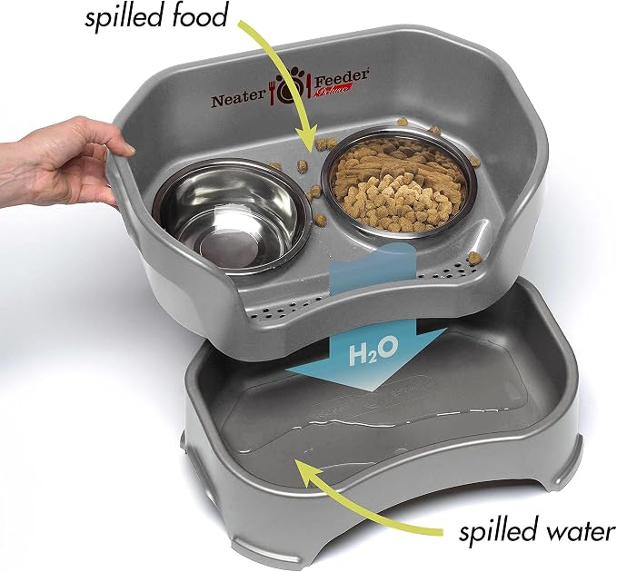 Neater Pet Brands Neater Feeder Deluxe Mess Proof Dog Bowls Elevated for Medium Dogs 19-40 lbs, Made in USA, No Spill Raised Dog Food Bowl Stand Feeding Station, Food and Water Bowl Set, Gunmetal