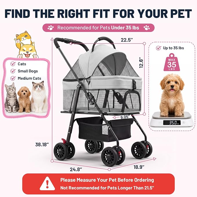 Dog Stroller for Small Dogs, Panoramic Mesh Pet Cat Stroller with Detachable Carrier, Foldable Pet Stroller up to 35 lb, with Safety Tether, Puppy Doggie Stroller for Medium Dogs 20 lbs Grey