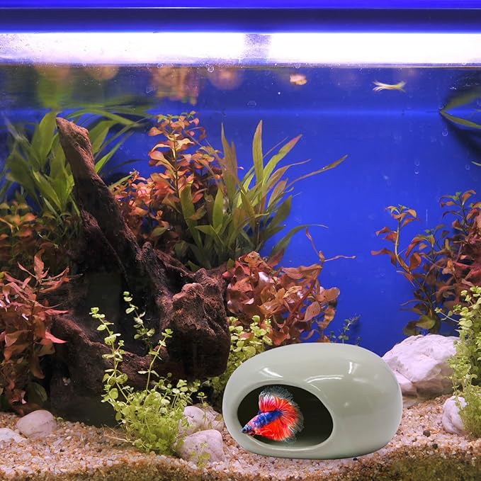 Saim Aquarium Ceramic Cave Decorations, Betta Fish Tank Accessories for Shrimp Cichlid Hiding Breeding Small Fish Bowl Hide Toys Hideout House - Light Green
