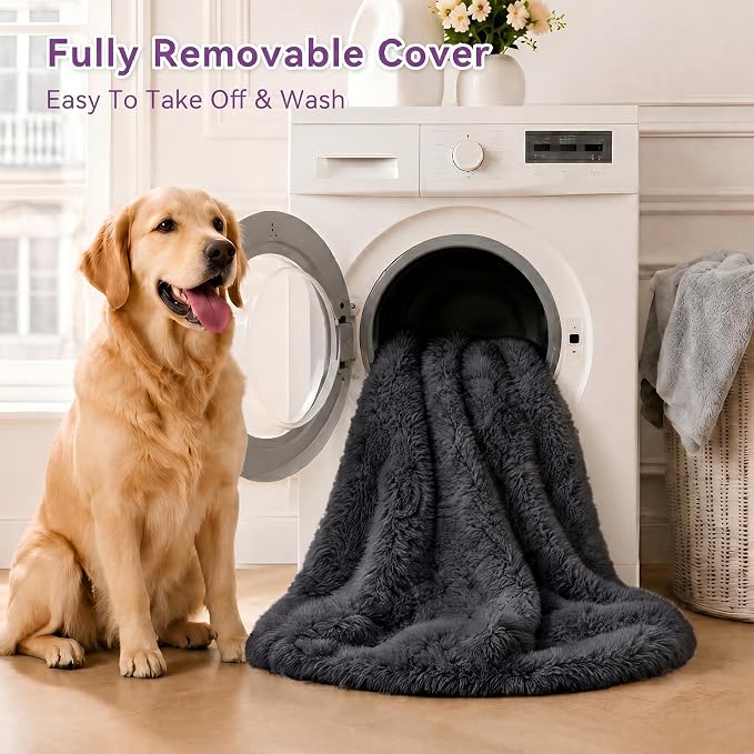 Dark Grey Human Dog Bed - 71''x45''x12'' Size Fits You and Pets | Washable Faux Fur Pet Bed for People Doze Off, Napping Orthopedic Dog Bed, Present Plump Pillow, Blanket, Strap