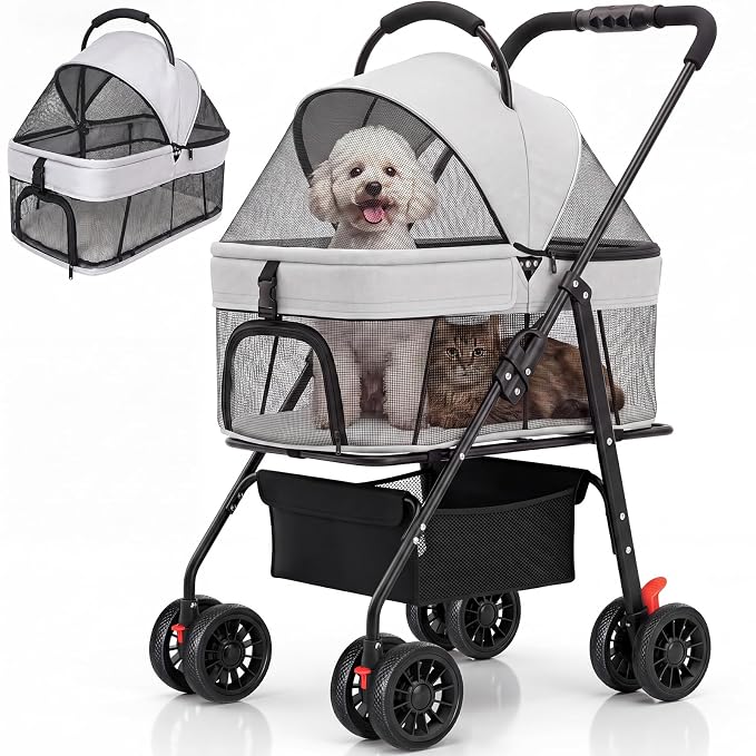 Dog Stroller for Small Dogs, Panoramic Mesh Pet Cat Stroller with Detachable Carrier, Foldable Pet Stroller up to 35 lb, with Safety Tether, Puppy Doggie Stroller for Medium Dogs 20 lbs Grey