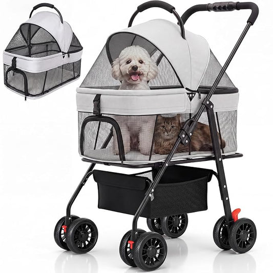 Dog Stroller for Small Dogs, Panoramic Mesh Pet Cat Stroller with Detachable Carrier, Foldable Pet Stroller up to 35 lb, with Safety Tether, Puppy Doggie Stroller for Medium Dogs 20 lbs Grey