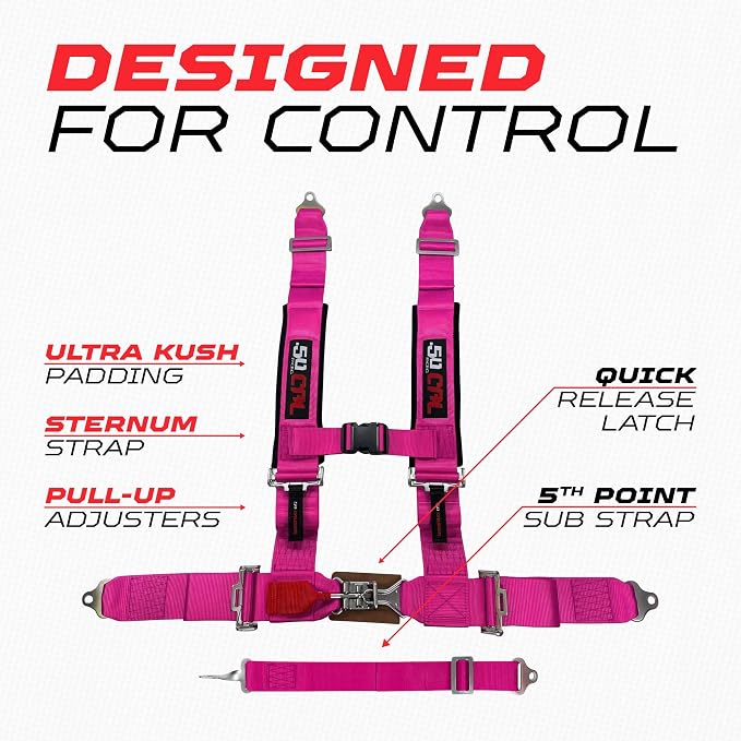 1pc 50 Cal Pink 5 Point Harness w/ 2" straps, Racing Harness Seat Belt | Ultra Kush padding, Race latch quick release hardware. Universal Fit for UTV, RZR, race car. Part# 6009A2