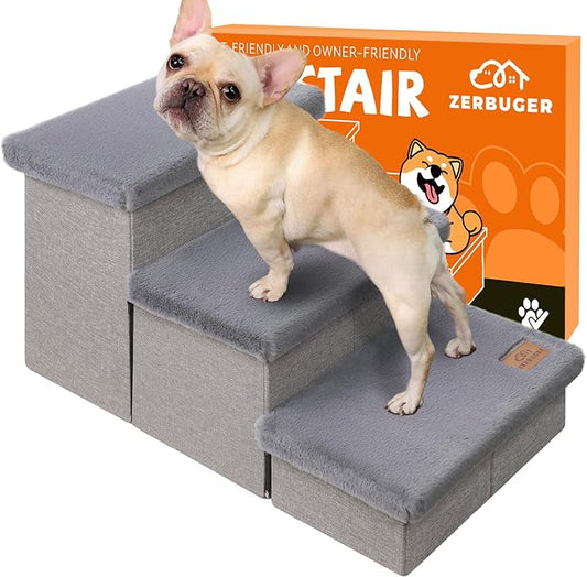 Zerbuger Dog Stairs with Storage, Grey Furry Lids 3 Steps Dog Ramp no Condo | 18" H Wider Dog Steps for High Beds Couch, Folding Storage Pet Stairs Gift for Climbing Small/Medium/Large Old Dogs Cats