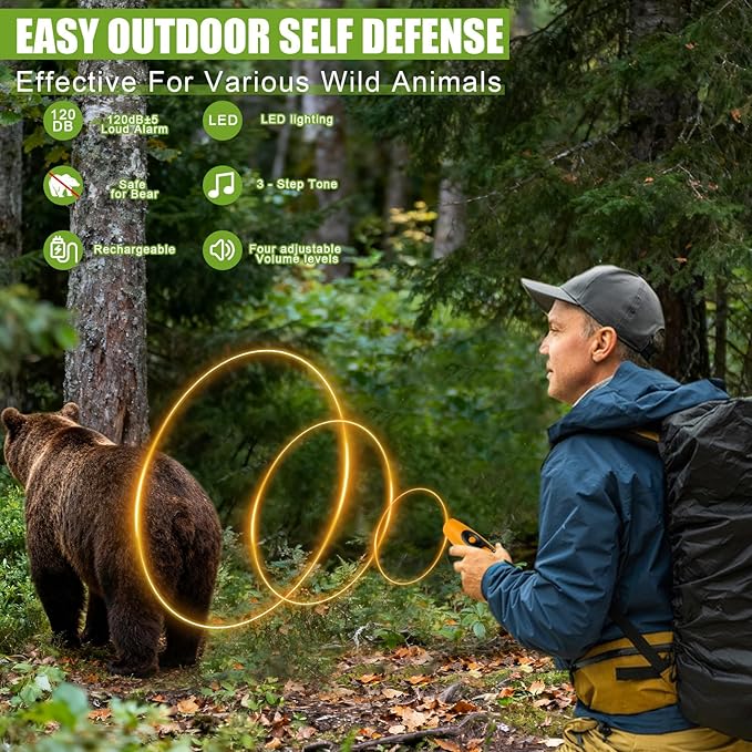 120±5 dB Rechargeable Bear Horn, Electronic Air Horn for Bears with 4 Volume Levels & 3 Tones, Whistle Bear Bells LED Safety Light for Hiking Camping Emergency, Wildlife Defense
