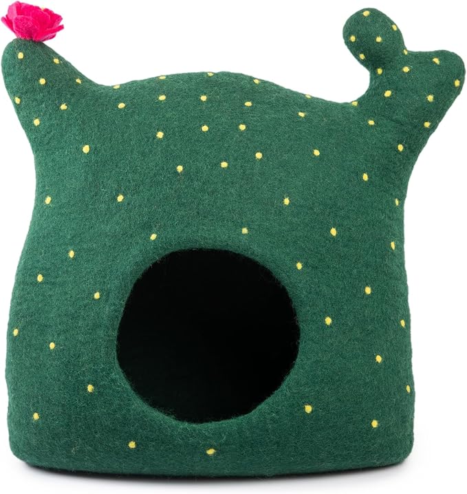 Luxurious Merino Wool Cat Cave - Foldable Hideaway Pod for Indoor Cats - Premium Felt Kitten Pet Enclosure - Covered Cat House for Ultimate Cozy Comfort by Woolygon (Cactus)