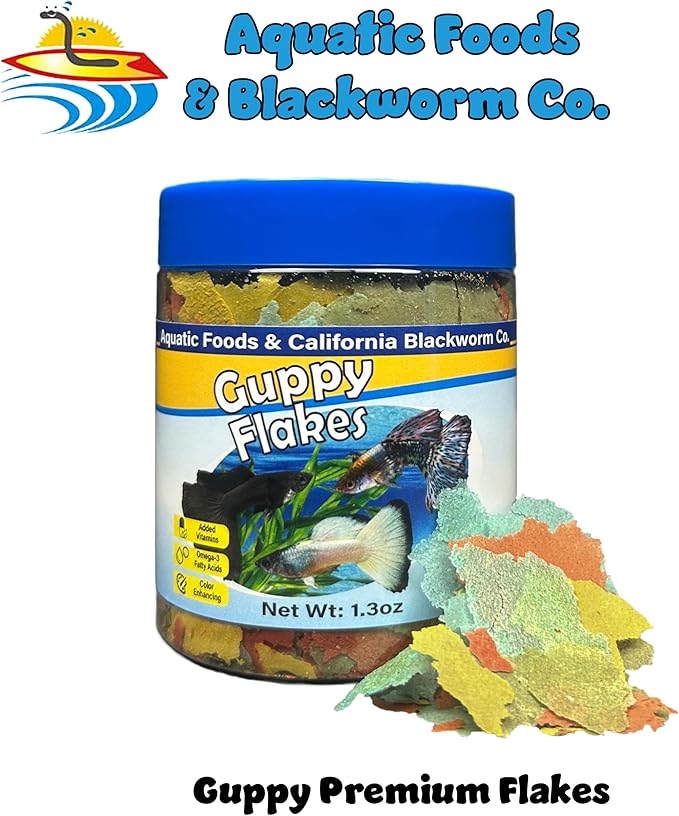 Aquatic Foods Inc. Guppy Premium Flakes, for Guppies, Endler Guppies, Mollies, Platys, Swordtail Fish, All Live Bearer Tropical Fish, 4-Type Wafer Mix & 12-Type Pellet Mix Included 1.30oz Canister