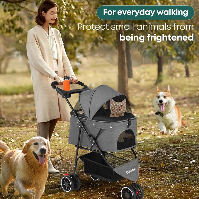 Pet Stroller,Dog Stroller for Small Medium Dogs Cats,3 Wheels,Grey | Foldable,with Breathable Mesh Canopy,Cup Holders,Easy Assembly