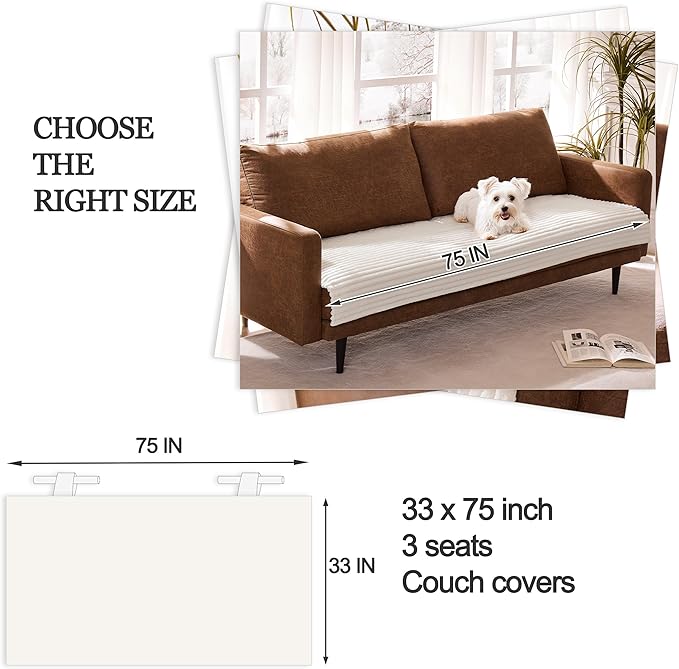 Dual Non-Slip Couch Cover for Dogs Waterproof, Cream Fuzzy Soft Pet Couch Covers for Sofa 3 Cushion, Pet Friendly Soft Dog Bed Covers Sofa Cover Washable (White, 33" x 75" 1 Pack)