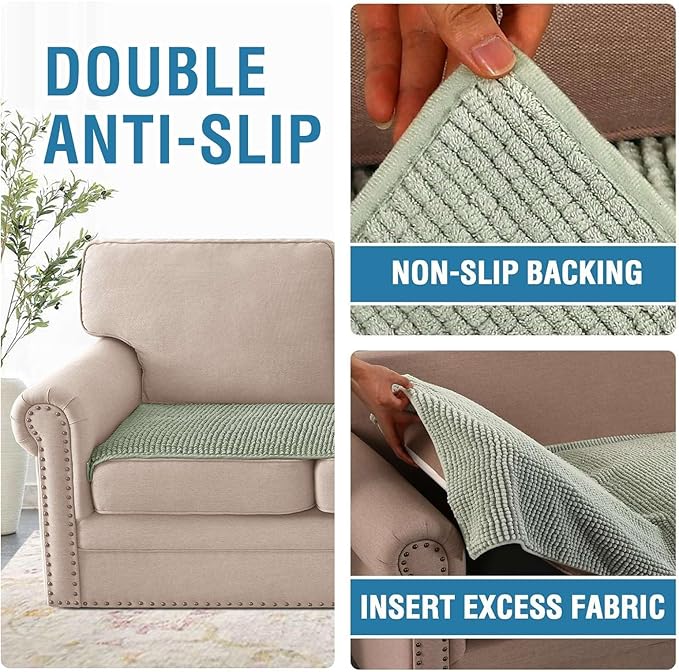 H.VERSAILTEX Plush Chenille Couch Cover for 3 Cushion Couch Anti Slip Washable Sofa Slipcovers Soft and Durable Furniture Protector for Dogs Cats Kids (27.5" x 82", Sea Foam)