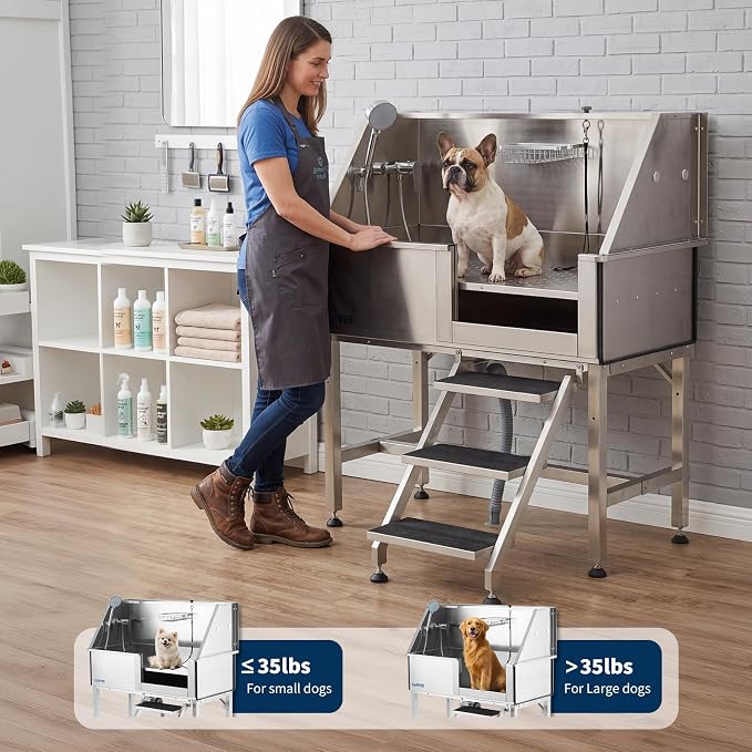 Garvee 46 Inch Stainless Steel Dog Washing Station, Heavy Duty Pet Grooming Bathtub with Access Stairs, Brushed Finish, Right Door Options