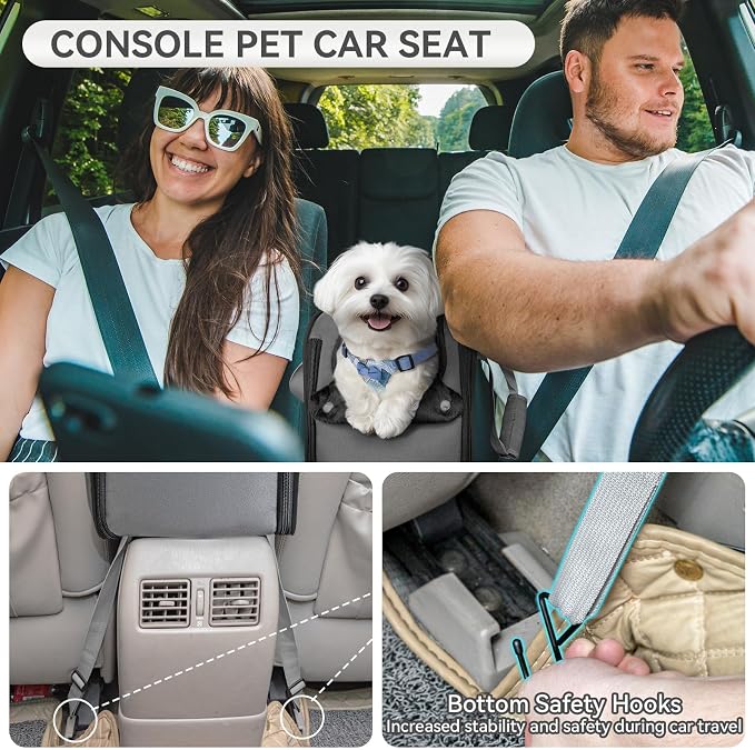 PETSFIT Multipurpose Center Console Dog Car Seat, Airline Approved Dog Car Carrier with Safety Tether and Pockets, Portable Cat Car Seat, Dog Car Seats for Small Dogs, Cats Up to 9 LBS (Deep Grey)