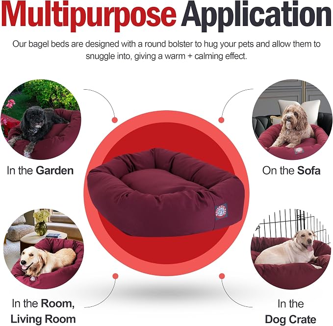 Majestic Pet 52 inch Burgundy Bagel Dog Bed Products | Cozy Soft Fluffy Donut Pet Bed with Spine Support for Head Rest – Anti-Anxiety Comfort for Puppies & Dogs, 52x35x11 Inches