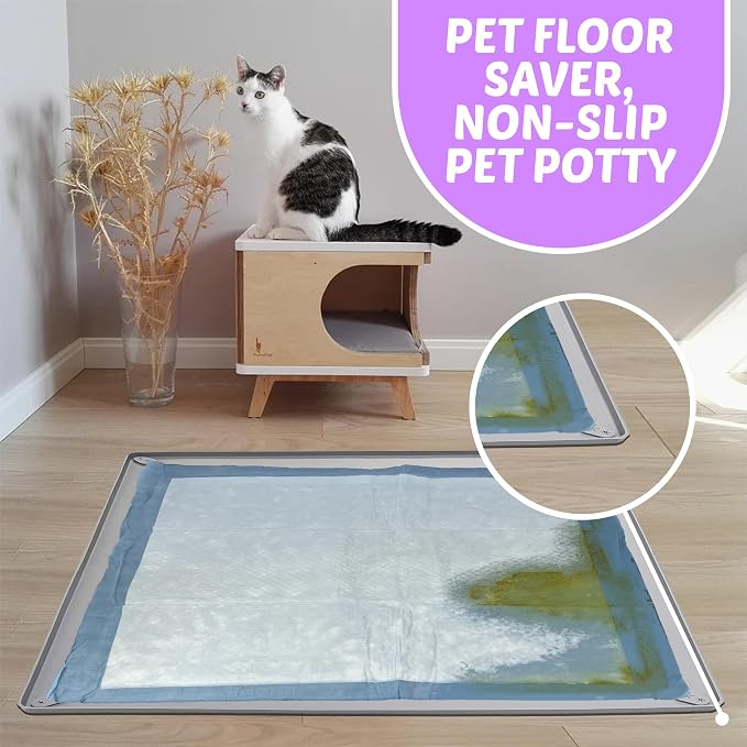Dog Pee Pad Holder Tray Fits for 28” x 34” Pee Pads - 1 Pack - Light Grey | Corner Lock Holes, Raised Edges, Non-Spill, Easy to Clean Silicone Dog Potty Tray Holder, For Indoor Floor Protection