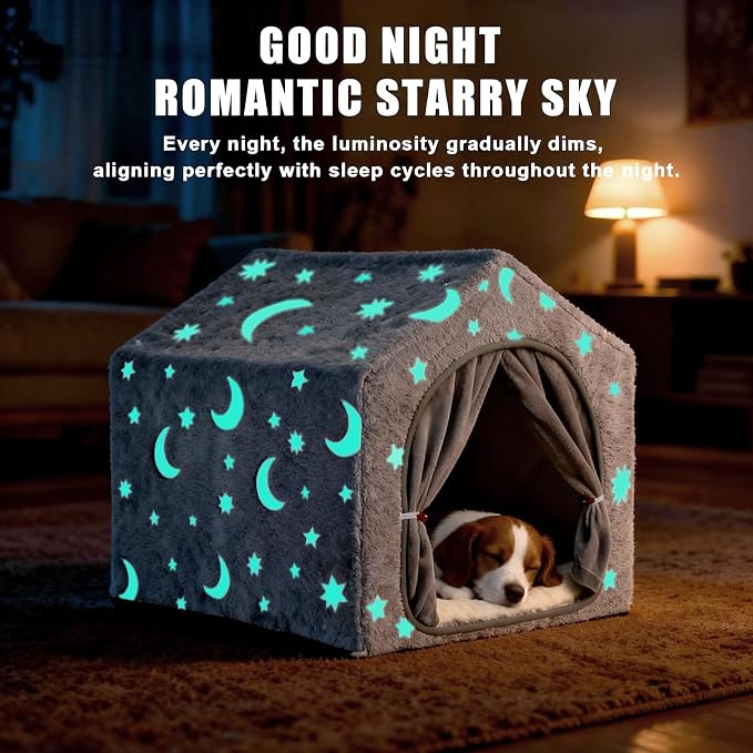Indoor Dog House, Soft Warm Glow Dog Cave for Small & Medium Dogs | Warm Plush Dog Cave Bed with Sturdy Frame, Machine Washable, Non-slip, for Indoor Dogs and Cats