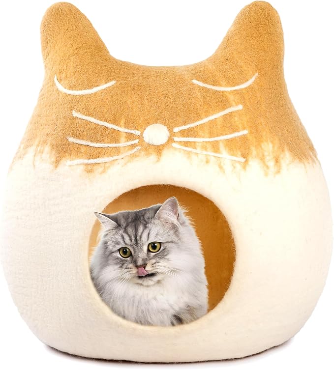 Luxurious Merino Wool Cat Cave - Foldable Hideaway Pod for Indoor Cats - Premium Felt Kitten Pet Enclosure - Covered Cat House for Ultimate Cozy Comfort by Woolygon (Brown Fox)