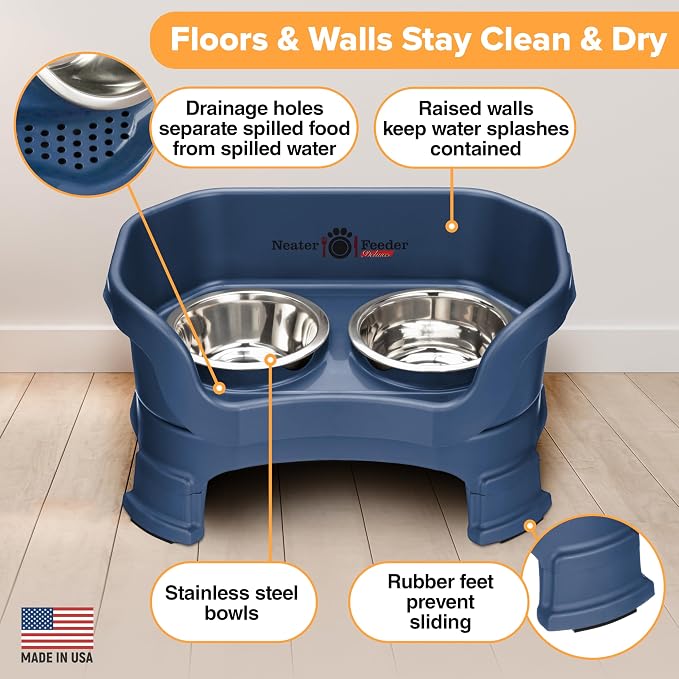 Neater Feeder Deluxe Mess-Proof Elevated Cat Bowls, 2 Height Adjustable (6” & 7.5”) No-Spill Raised Cat Bowl Stand, Whisker Friendly Stainless Steel Dishes for Indoor Cats, Made in USA, Dark Blue