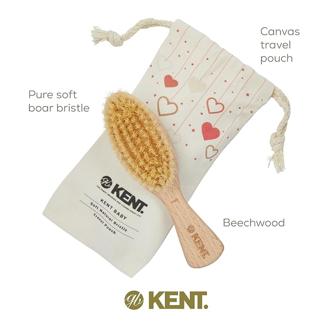 Kent BA29 Cradle Cap Baby Hair Brush with Soft Natural Bristles and Travel Pouch - Baby Essentials for Newborn Hair Brush Made in England