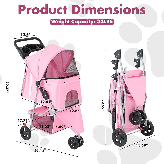 DUMOS 3 Wheels Pet Stroller for Small Dogs and Cats | Foldable Dog Stroller with Mesh Windows, Storage Basket & Cup Holder, Lightweight & Durable Pet Carrier for Travel, Pink