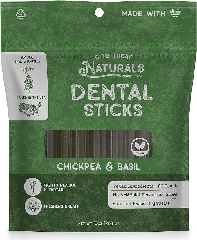 Dog Treat Naturals Chickpea & Basil Dental Sticks 10oz, 20ct | Dog Dental Chew Treats for Small, Medium, Large Dogs | Freshen Breath, Fight Plaque-Tartar | Natural Teeth Cleaning Treats | USA Made