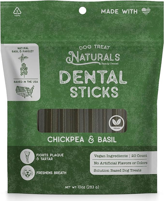 Dog Treat Naturals Chickpea & Basil Dental Sticks 10oz, 20ct | Dog Dental Chew Treats for Small, Medium, Large Dogs | Freshen Breath, Fight Plaque-Tartar | Natural Teeth Cleaning Treats | USA Made