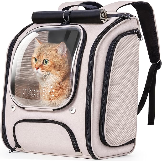 Pecute Cat Backpack Carrier,Large Space Cat Bubble Backpack,Ergonomic,Khaki | Sunshade Curtain,Transparent Window,Safety Rope,Sturdy,Large Mesh on Both Sides for Breathability,Suitable for Outdoor,Vet