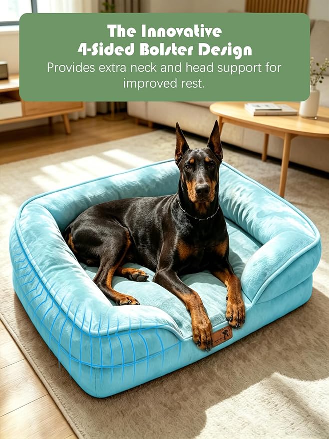 Spotted Play Orthopedic Dog Bed with Sides - Sofa Beds for Extra Large Dogs, Supportive Foam Pet Couch Bed with Washable Removable Cover, Waterproof Lining and Non-Slip Bottom, Ice Blue - XL-Plus