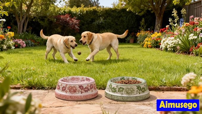 Aimusego Ceramic Green & White Dog Bowl 9inch Chinoiserie Hand Painted Pet Food Water Bowls, Dogs Cat Dish for Medium and Large Pet, Puppy-25OZ