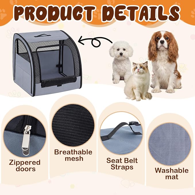 Dog Car Crate, Enclosed Foldable Cat Car Seat Carrier, 20x19x19.5in, Gray | Portable Dog Cat Carrier with Seatbelt Attachment & Headrest Strap, Soft-sided Pet Kennel with Bed for Pet Travel up to 25 lb