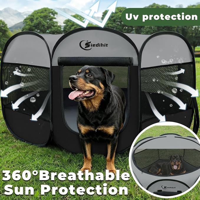 Siedihit Playpen for Extra Large Dog Cat, Dogs Tent Crate Cage | Indoor/Outdoor, Portable Pop Up Dog Kennel with Carrying Bag for Rabbits (Dark Grey, Extra Large)