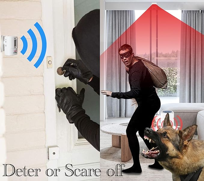 Loud Barking Dog Alarm, Motion Activated Dog Barking Alarm, IP43 Waterproof Barking Dog Motion Sensor for Warehouse Yard Office Mall Garage Home Security, Detects 23FT