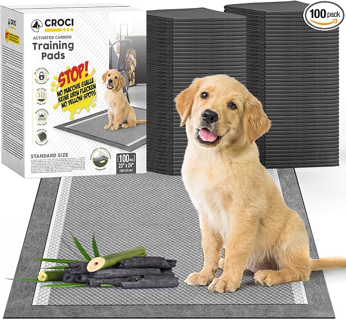 CROCI Charcoal Pee Pads for Dogs Odor Control Leak Proof 23x24in 100Ct | Super Absorbent Dog Pee Pads with Adhesive Tabs, Heavy Duty, Dog Potty Training, Quick-Dry Surface, Disposable