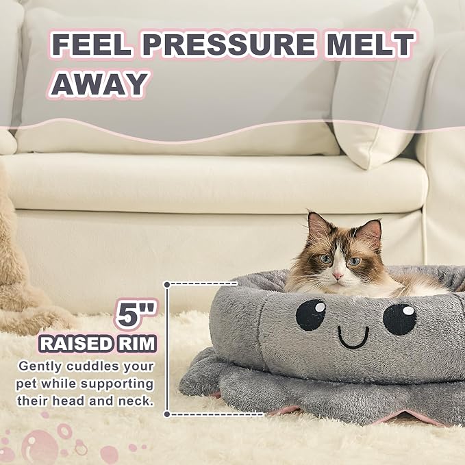 Cute Calming Dog Beds Clearance for Medium Small Dogs, Anxiety Bolster Dog Bed with Octopus Shape, Grey, M, Boho, Round Pet Bed Cat with Removable Cushion