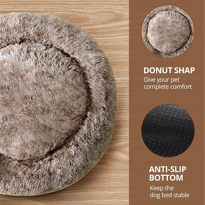 JOLLYVOGUE Calming Dog Bed Medium Size Dog, 31in Donut Washable Medium Pet Bed, Anti-Slip & Anti-Anxiety Fluffy Faux Fur Round Dogs Bed, Fits up to 45 lbs Pets (Smoke Brown)