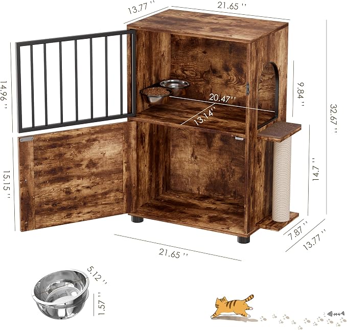 Dog Proof Cat Feeding Station, Dog Proof Cat Feeder, Cat Food Table,Vintage | Cat Feeding Station with Scratching Post, Elevated Food Bowls with Stand, Cat Tree with Food Storage, Cat House