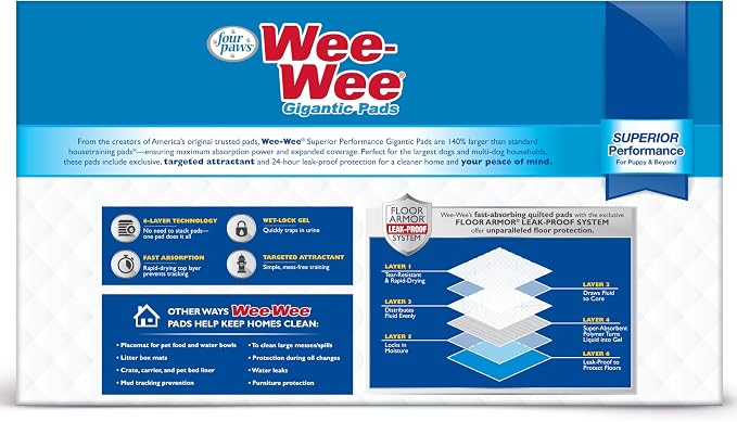 Four Paws Wee-Wee Superior Performance Gigantic Dog Pee Pads, 50 Count | Puppy & dog potty training pads, all day floor protection, housebreaking pet supplies, leak-proof puppy pads, 27.5" x 44"