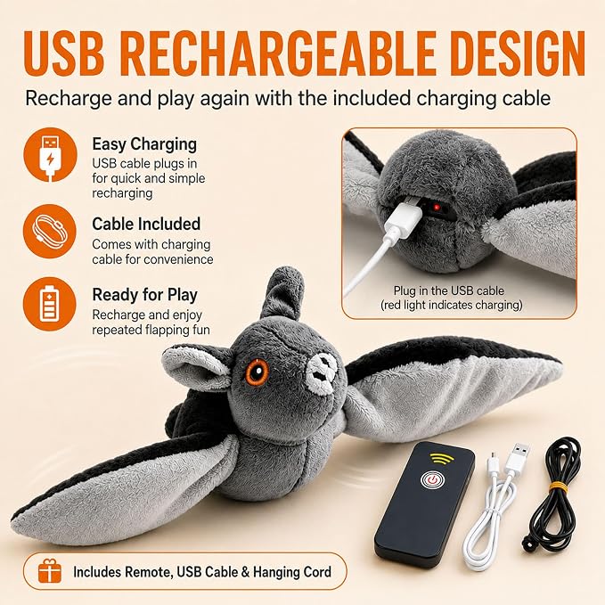 Flying Bat Dog Toy, Flying Bat Toy for Dogs & Cats with Flapping Wings and Chirping Sound, Motion-Activated Interactive Pet Toy for Hanging, Ground and Indoor Chase Play (2PCS)